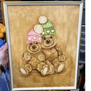 Vintage 1983 Teddy Bear Painting - Bears in Winter Hats - 21" Framed Wall Art